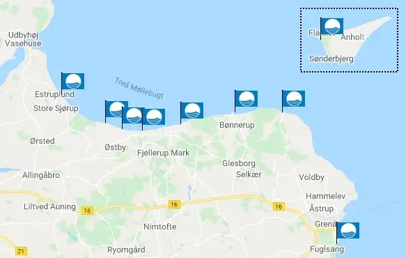 Kort over de 9 Blå Flag strande i Norddjurs